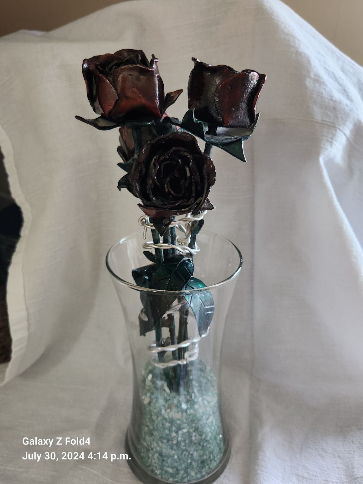 Hand Crafted Metal Roses (in Glass case)